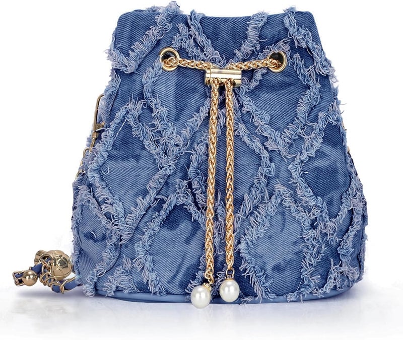 ROBOHOOK Denim Bucket Bag, Denim Purses for Women, Drawstring Jean Crossbody Shoulder Purse Hobo Bag, for Commuting, Shopping, Dating - Image 1